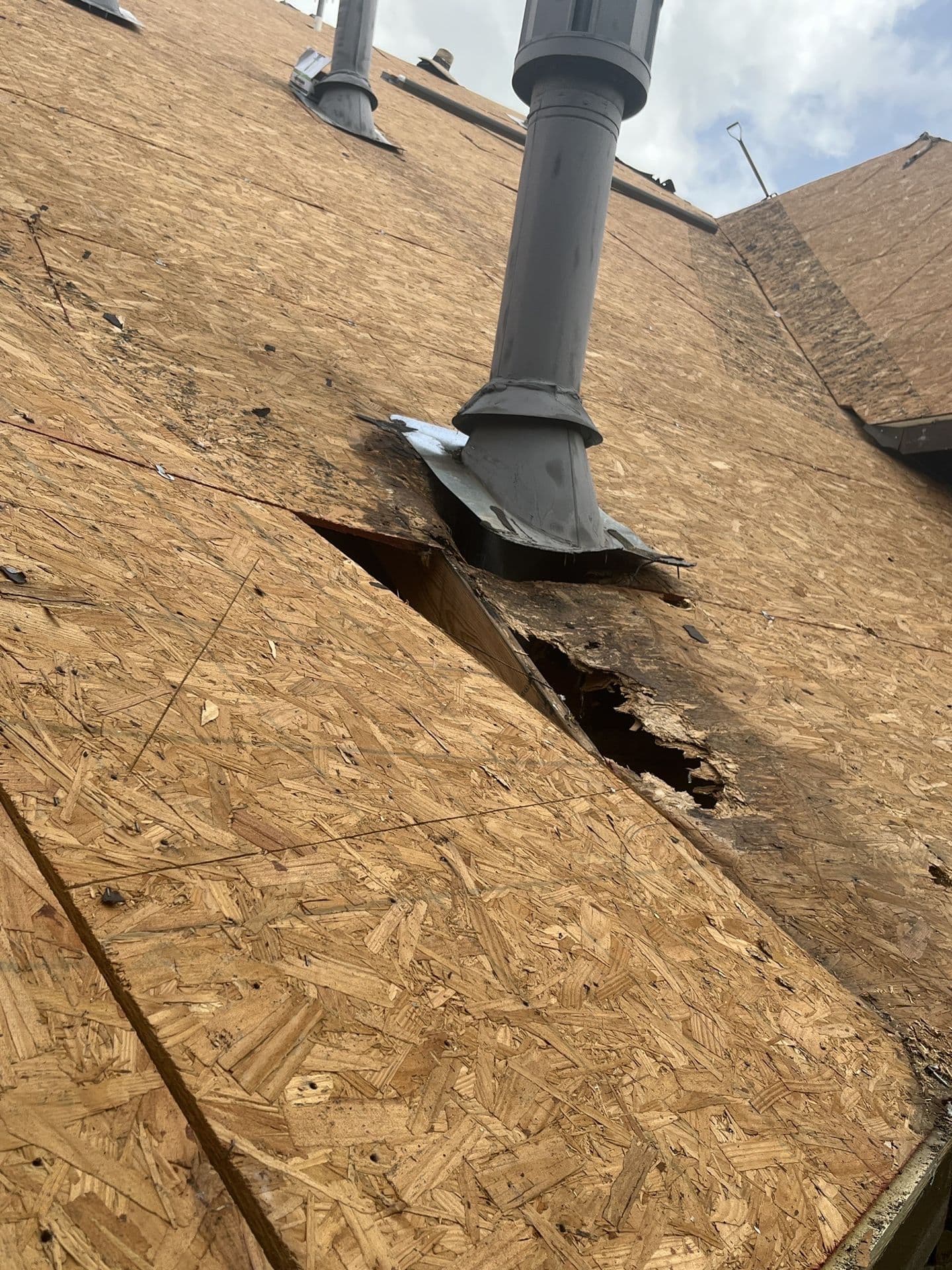 Damaged roof decking at a vent, opened up for repair